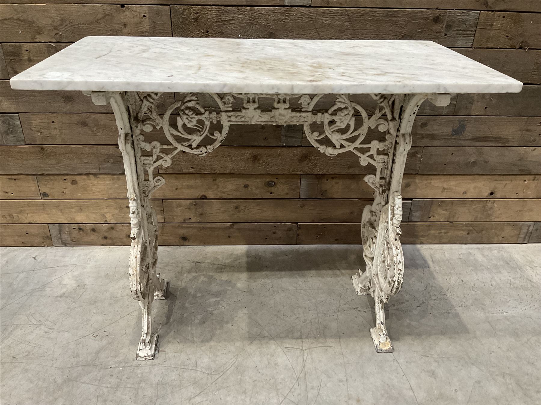 19th century Coalbrookdale design cast iron garden table, with rectangular marble top