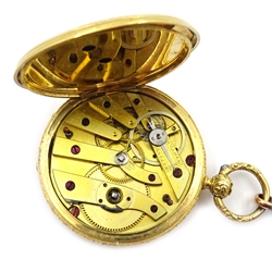 Baudin Freres 19th century gold, enamel and split seed pearl full hunter pocket watch no. 6846, case stamped 18K M P & Co, with gold bow clip, stamped 9 375  