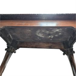 George I carved mahogany side table, adapted from a card table, the rectangular top with foliate-carved edge above a plain frieze, raised on cabriole legs with acanthus-carved knees, volute brackets and floral-carved motifs, terminating to ball-and-claw feet