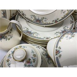 Royal Doulton Romance Collection Juliet pattern tea and dinner service for six, to include dinner plates, lidded tureen, teapot, teapots, saucers, jugs, sauce boat and stand, cake plate, coffee cans and saucers, soup bowls etc, including spares
