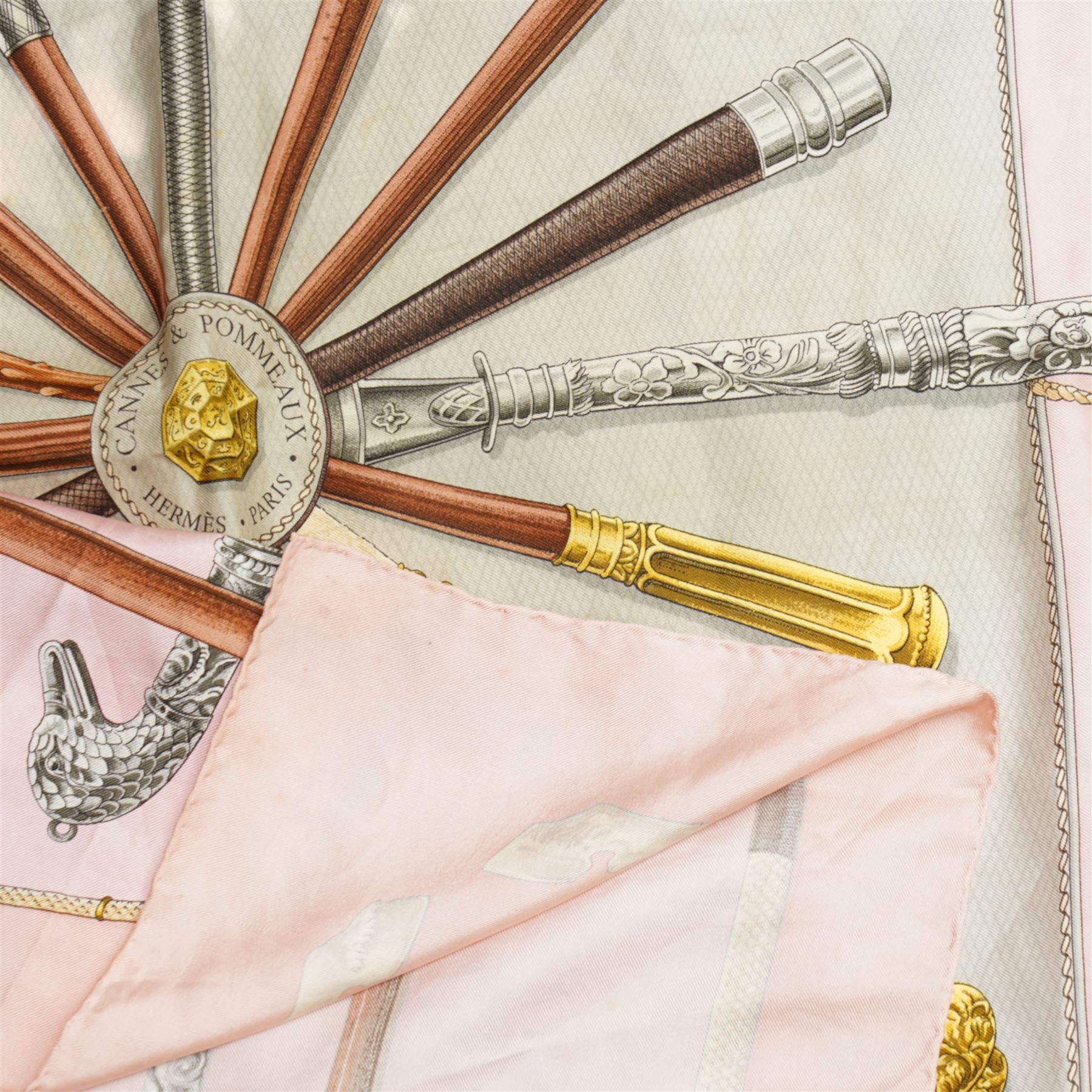 Hermes 'Cannes et Pommeaux' silk scarf in pink and grey colourway, designed by Francoise De La Perriere, 90cm x 87cm 