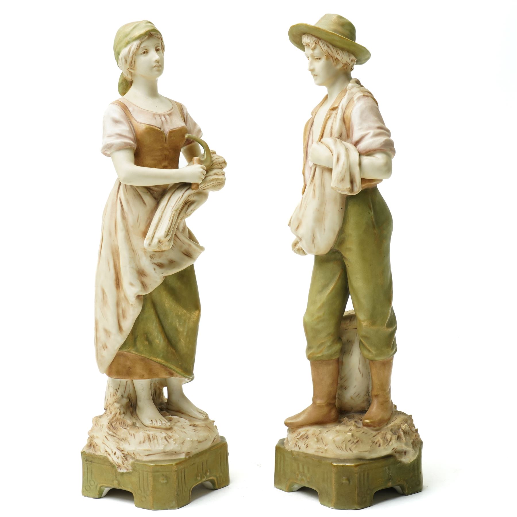 Pair of Royal Dux figures of agricultural workers modelled by Alois Hampel, one holding a scythe, the other sewing wheat model numbers 1457 and 1458 H32cm 