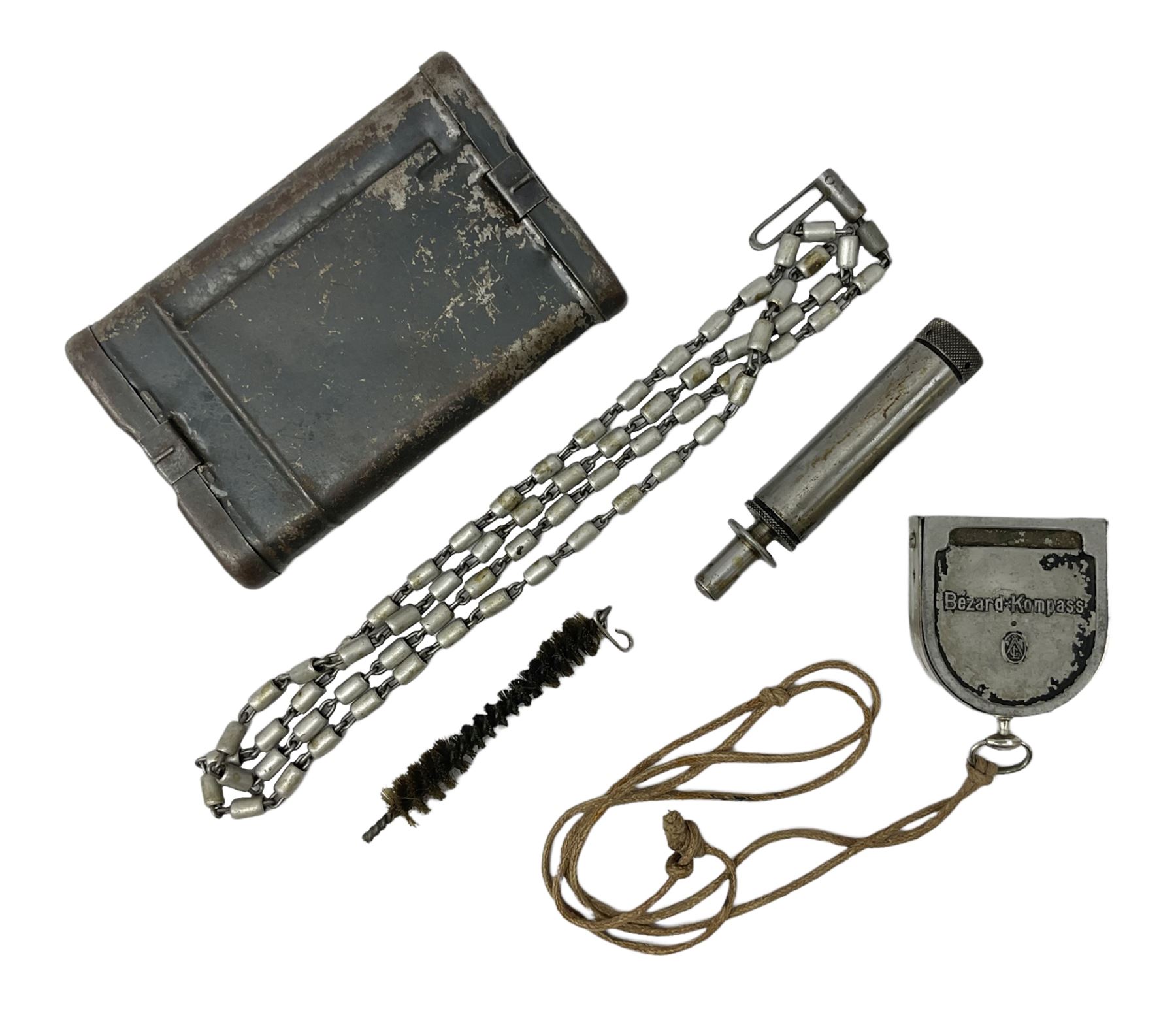 WW2 German - Lufft made compass marked ' Original Bezard ' with heliograph signalling mirror to interior; and a K98 rifle cleaning kit in original tin (2)