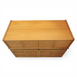 Nathan - pair of sideboards, rectangular top over four short drawers, above signature square panelled cabinet doors on a recessed plinth base