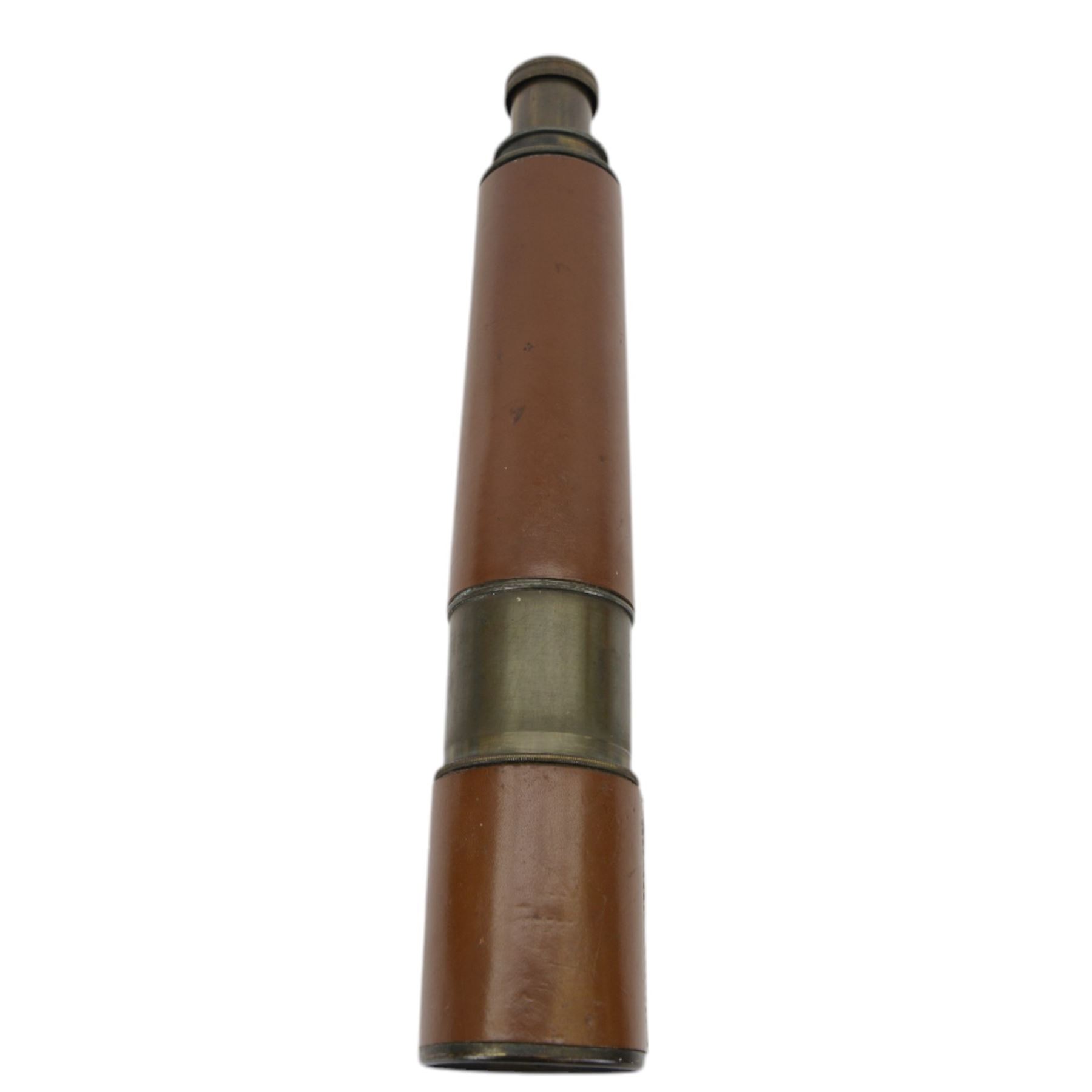 British WWII brass and leather telescope, marked tele. sct. regts mkII, with broad arrow,  mark, together with a brass three draw telescope 