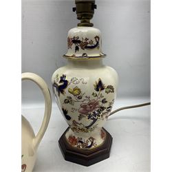 Mason's Blue Mandalay pattern ceramics, to include table lamp of baluster form with wood base and pleated fabric shade, vase with two applied lizards, jugs, small mantel clock etc, tallest H44cm