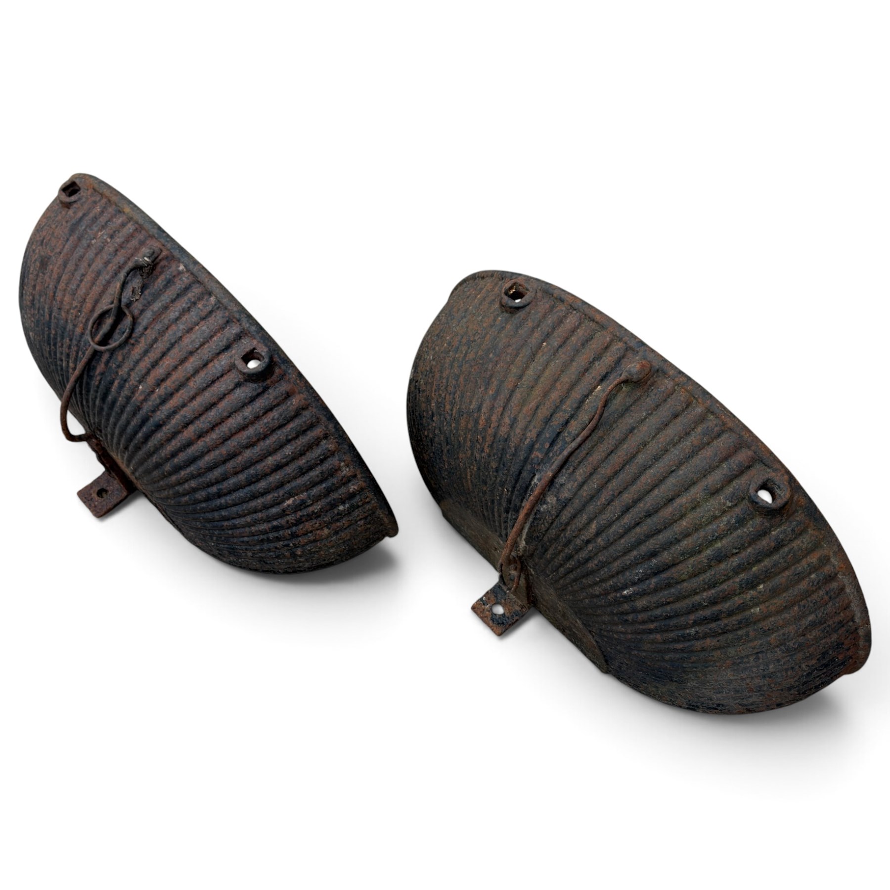 Pair of Victorian wrought iron D-shaped planters, rolled rim over a gadrooned body with fixing holes and ring to the front