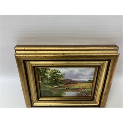 Framed porcelain plaque, hand painted with cows drinking from a lake in a countryside landscape, by Francis Clark, formerly a Royal Worcester  
 artist, H14.5cm