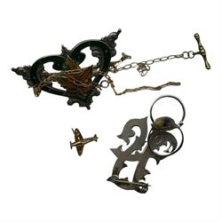 Silver enamel heart brooch, silver Blue John ring, two 9ct gold bracelets and a 9ct gold WW2 spitfire pin