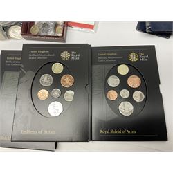 Commemorative and other coinage, including various Queen Elizabeth II 'London 2012 sports collection' fifty pence coins on cards, commemorative crowns, Millennium 2000 'Time Capsule' coin set, channel islands old round one pound coins, part sets etc