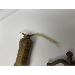 Near pair of short swords each with slightly curving 41cm fullered steel blade and all brass H-shaped hilt L52cm overall; plaited black leather whip; and reproduction pair of brass hilted swords, brass halberd blade and mace (7)