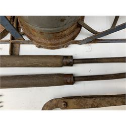 Blue and red painted gas powered bird / pest scarer, bearing label 'Exid bird & pest scarer, imported by C.R.E.A.C.O Hadleigh, Essex', , copper and brass Cymag gas hand pump, three eel spears and a set of badger tongs. Auctioneer's Note: These traps are sold as artefacts for ornamental purposes only as the use of some of them is illegal.