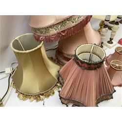 Quantity of table lamps to include twin branched alabaster example with ornate brass mounts, etc, quantity of fabric shades, boxed games, Silentnight heated blanket etc