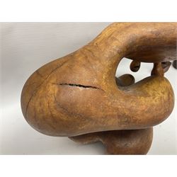 Helen Skelton (British 1933 – 2023): Three carved wooden abstract sculptures, each modelled as a a figure, tallest H52cm. Born into an RAF family in 1933 in Kent and travelled the world extensively during her childhood. After settling in Bridlington, Helen immersed herself in painting, textiles, and wood sculpture, often inspired by nature's beauty. Her talent was showcased in a one-woman show at Sewerby Hall and recognised with the sculpture prize at Ferens Art Gallery in 2000. Sadly, Helen’s daughter passed away from cancer in 2005. This loss inspired Helen to donate her sculptures to Marie Curie upon her passing in 2023.