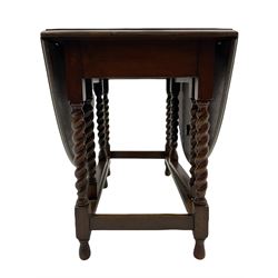 Early 20th century oak barley twist drop leaf dining table (105cm x 154cm, H74cm), and four chairs 