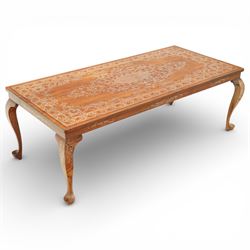 20th century Indian style bone inlaid coffee table, rectangular top profusely inlaid with scrolling foliate decoration centred by an oval medallion, matching inlay to the frieze and cabriole legs, raised on shaped feet