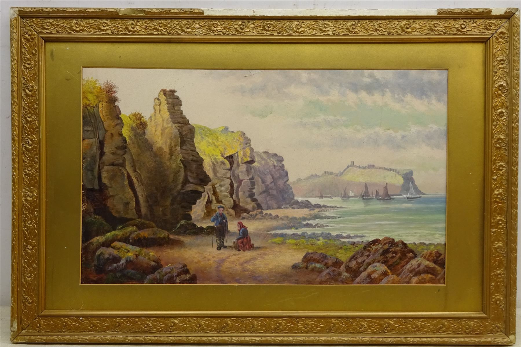 Henry Hellewell (British 19th century): Figures on Beach Cornelian Bay Looking Towards Scarborough, oil on board signed 33cm x 55cm