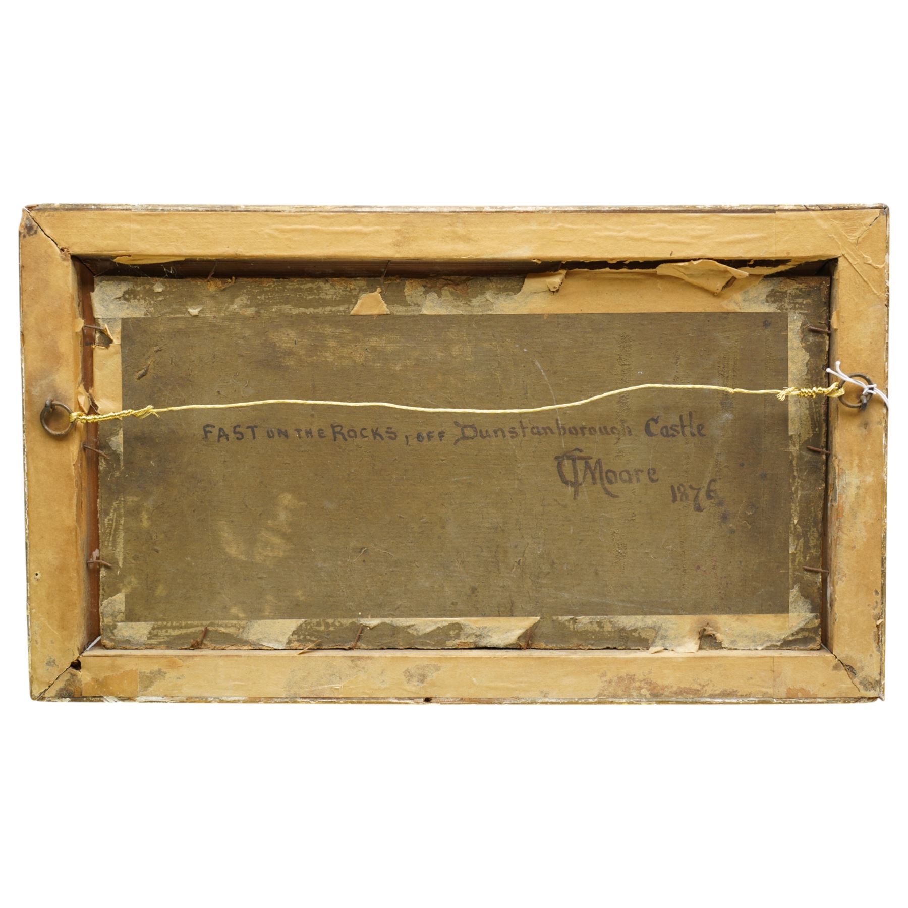 Claude Thomas Stanfield Moore (British 1853-1901): 'Fast on the Rocks off Dunstanborough (Dunstanburgh) Castle' - Northumberland, oil on board signed, signed titled and dated 1876 verso 17cm x 35cm