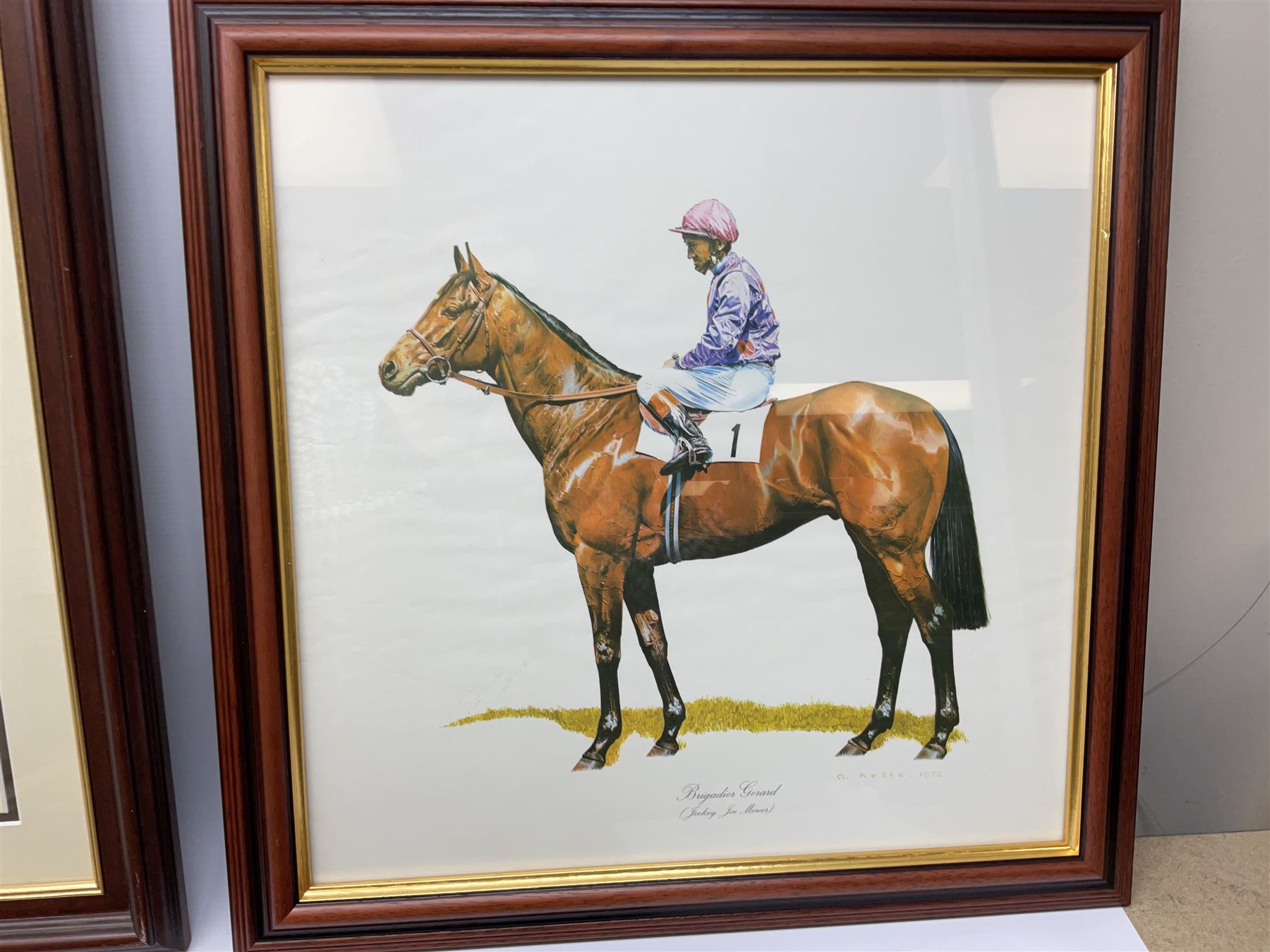 After G Keane (British 20th century): 'Mill Reef' and 'Brigadier Gerard', pair colour prints together with three further prints of Race Horses (5)