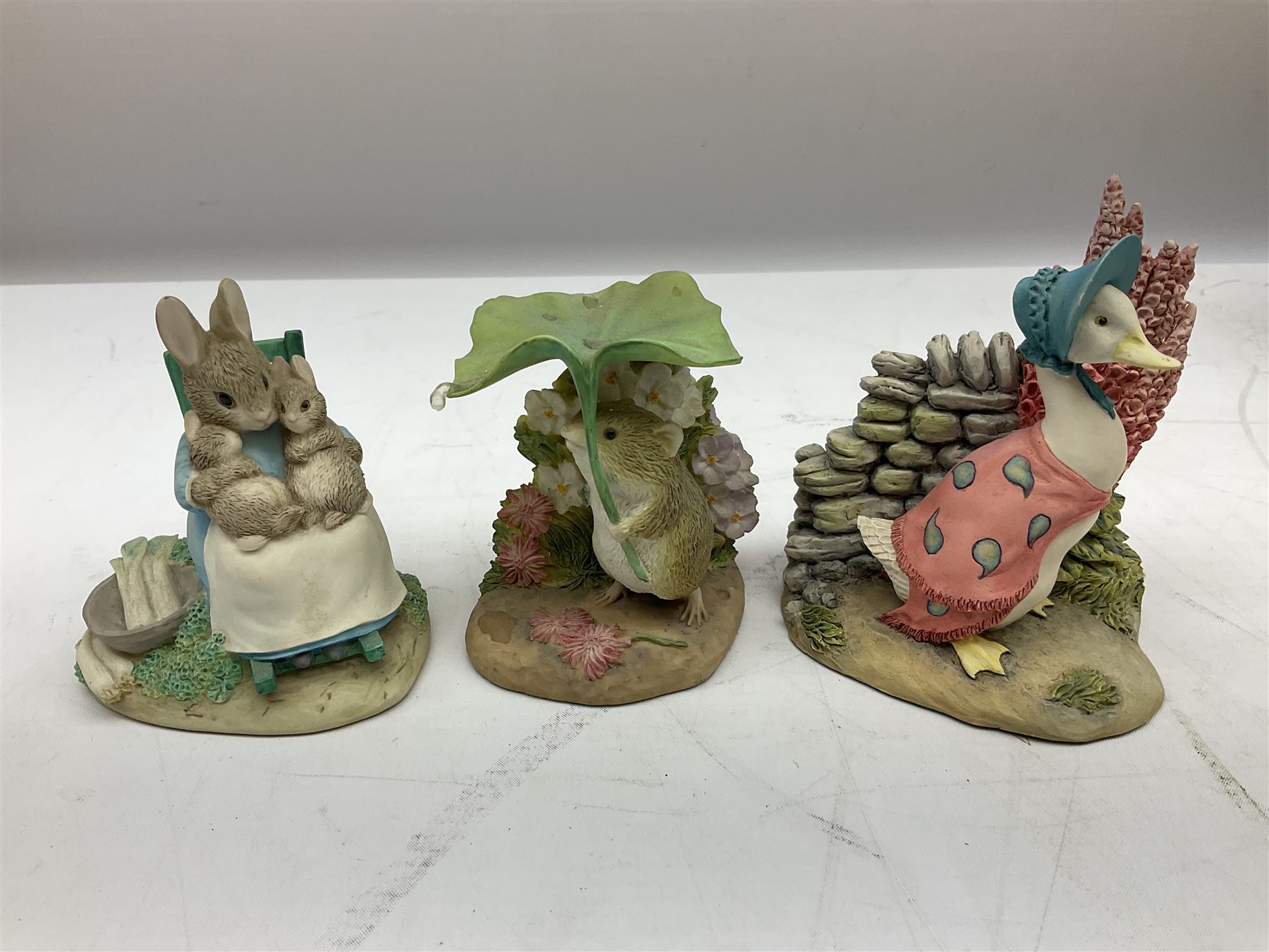 Border Fine Arts Beatrix Potter figures, to include Tableau no. 669814, The Tale of Ginger and Pickles no.A0460, Peter Rabbit in the Garden 739499, Mr Jeremy Fisher A0621, Tabitha Twitchit Brushing Kittens A0625, many with original boxes  