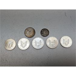 United States of America coinage, comprising 1880 O Morgan dollar, 1944 half dollar and five one ounce fine silver one dollar coins dated 2011, 2016, 2017, 2018, 2019