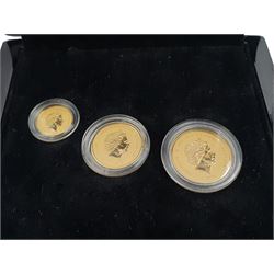 Concorde 50th Anniversary gold three coin set, comprising Queen Elizabeth II 2019 Gibraltar full, half and quarter gold sovereign coins, cased with certificates