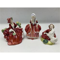 Ten Royal Doulton figures, to include Lydia HN1908, Goody Two Shoes HN2037, May HN2746, A Single red Rose HN3376, etc, nine with original boxes 