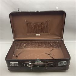 Leather suitcase, together with pair of table lamps, prints and other collectables