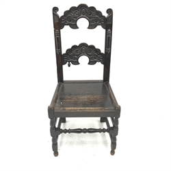 Pair 19th century Yorkshire/Derbyshire type oak hall chairs, detailed carved backs, solid seats, W50cm (2)