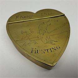 19th century brass tobacco box, in the form of a heart with hinged lid, engraved with horse and huntsman thrown from saddle, inscribed F Kemp Hull Hunting, H8.5cm