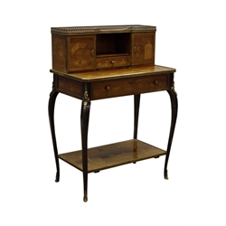  19th century bonheur de jour, pen and marquetry decorated with books, writing implements  utensils, vases etc... ormolu galleried top with two cupboards and drawer, above long drawer, on angular cabriole legs with inlaid undertier, W70cm, H100cm, D41cm  
