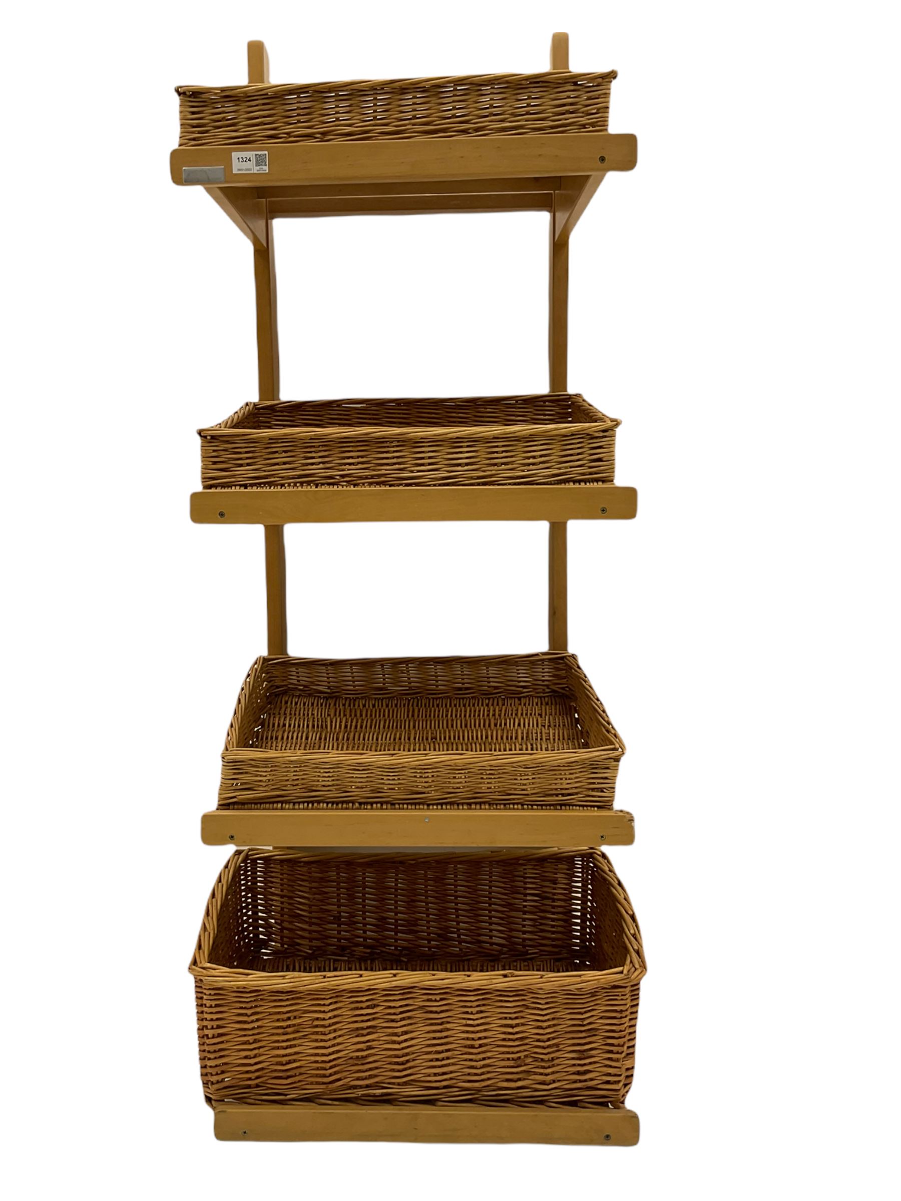 Gadsby beech four tier shop display stand, with wicker baskets