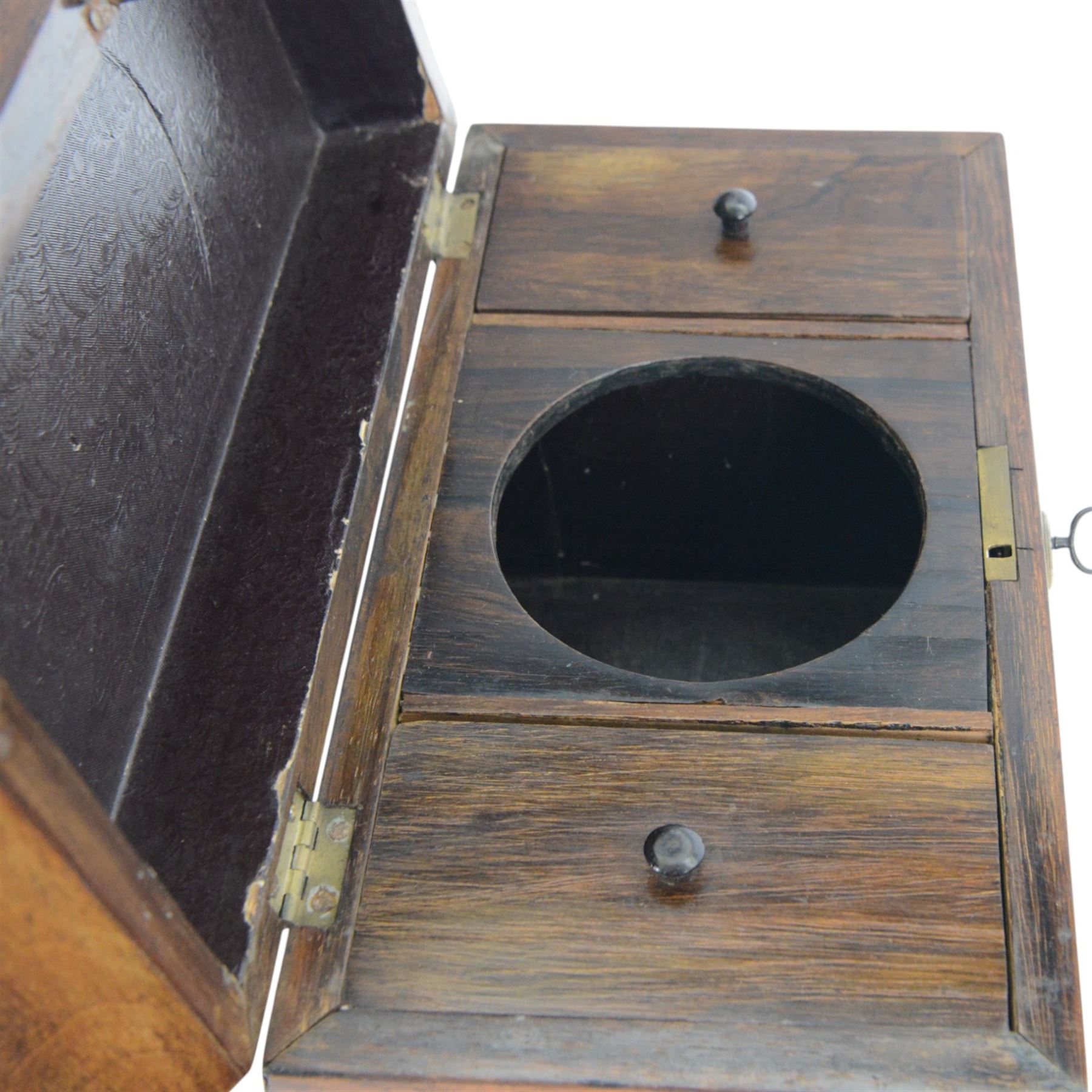 Victorian rosewood tea caddy, of sarcophagus form with mother of pearl escutcheon, upon four squat bun feet, H19cm