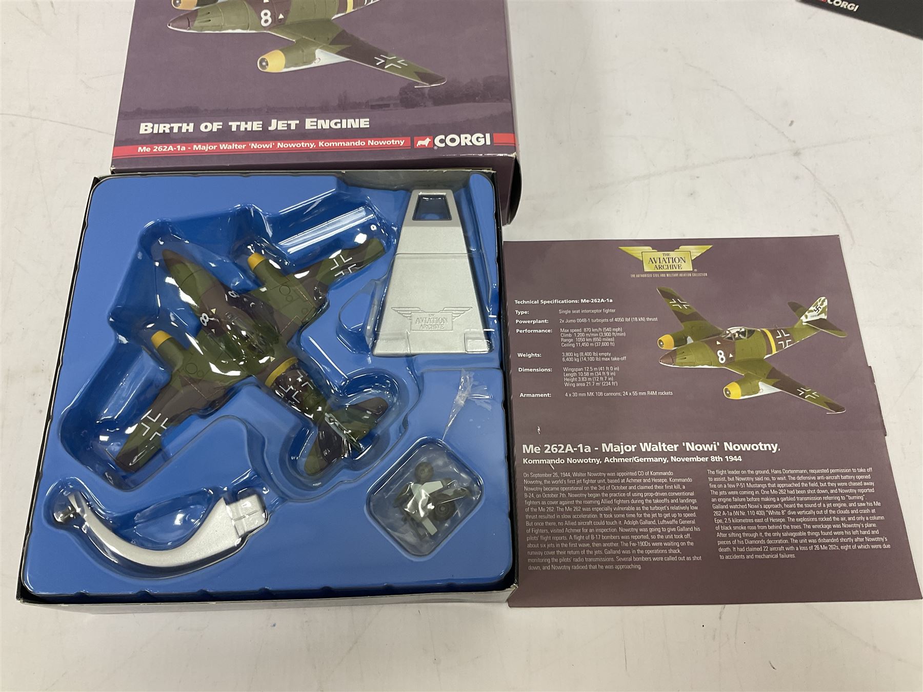 Ten Corgi Military models - Aviation Archive AA35706 Birth of the Jet Engine; WWII Legends CC60502 Tiger 1 Tank; VE Day CC60606 Cruiser Tank; four WWII Collection CC51707, CC60002, CC60301 & CC60105; WWII Allies Churchill Tank; WWII Adversaries Krauss-Maffei Semi-Track; and 07501 British Army Landrover & Trailer; all boxed (10)