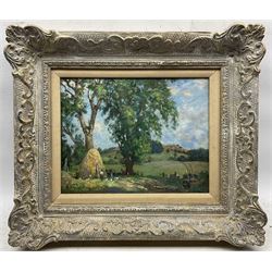 James Whitelaw Hamilton RSA RSW (Scottish 1860-1932): Girl with Chickens in a Farmyard, oil on panel signed 25.5cm x 33cm 