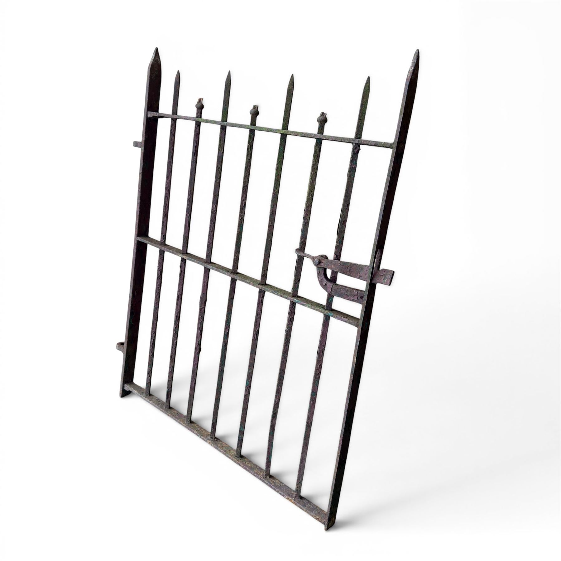 19th century wrought iron hand gate, with hinge loops and latch, square diamond fit rails, pointed finials