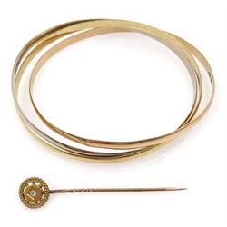  Russian 14ct white, rose and yellow gold interlinked bangle, stamped 585 and diamond set stick pin, stamped 15ct gold  