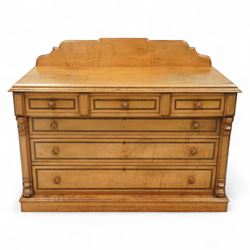 William Snowdon of Rochdale (fl.1876-1886) - Victorian sycamore chest of drawers, rectangular top with shaped gallery back above an arrangement of three short and three long drawers, each with moulded borders and turned wooden pulls, flanked by carved upright corbels, on a plinth base (99cm height including gallery)