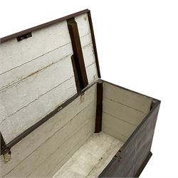 Victorian scumbled pine blanket box, fitted with hinged lid and metal carrying handles, lower applied moulded edge, on turned feet
