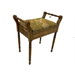 Early 20th century beech framed open armchair (W55cm), late Victorian beech framed commode armchair with ceramic pot (W51cm), and a late 19th century beech piano stool with upholstered hinged seat (W57cm)