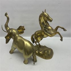 Two brass animals, the first example modelled as a rearing the horse and the other as an elephant, tallest H40cm