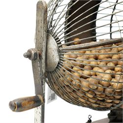 Vintage wire work tombola with wooden balls in metal frame and on rectangular wooden base H39cm 