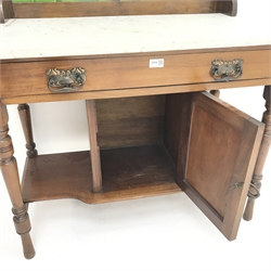 Edwardian mahogany washstand, raised tiled back, marble top above single drawer, turned supports joined by solid stretched and single cupboard, W92cm, H140cm, D50cm