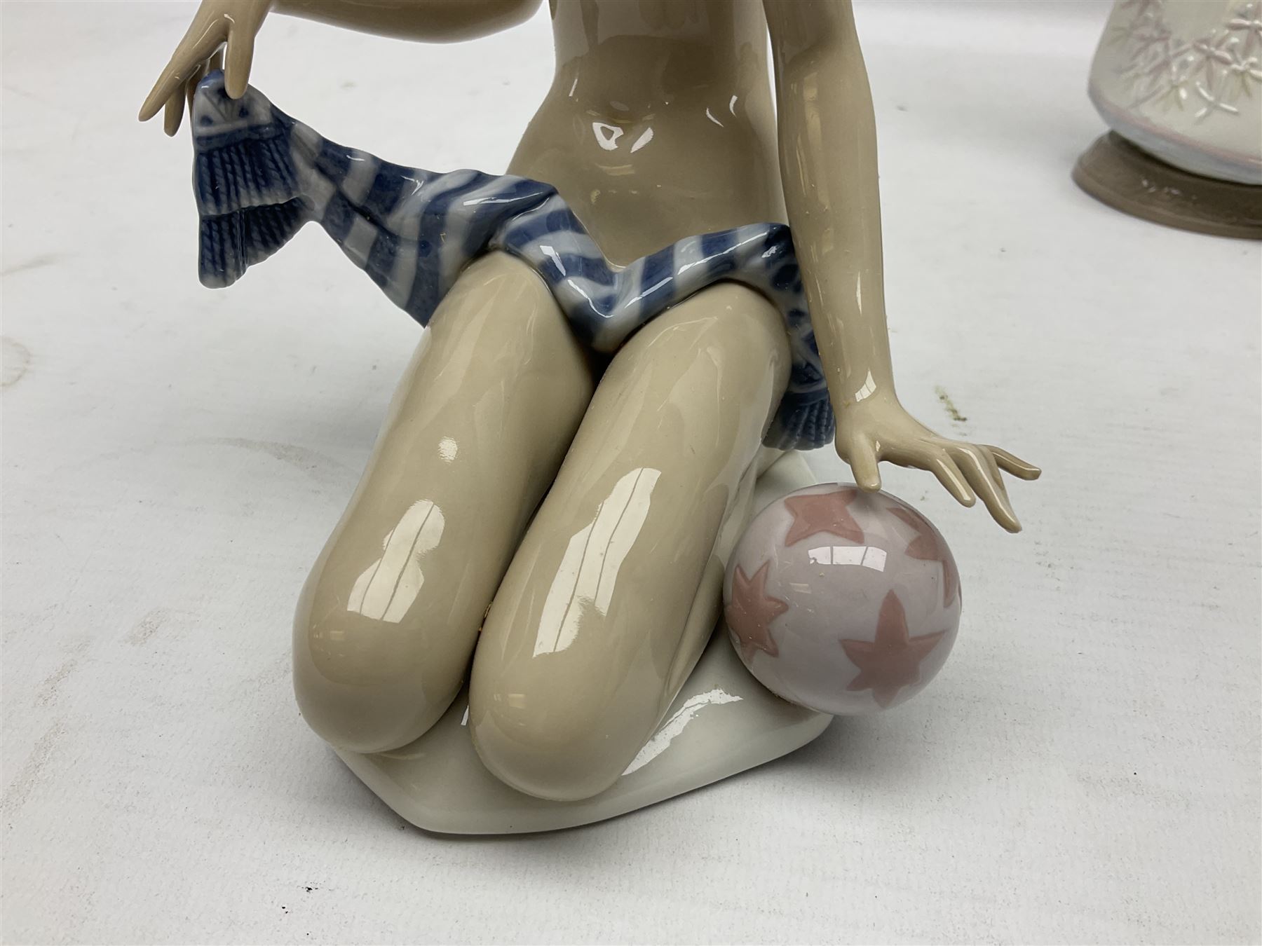 Three Lladro figures, comprising Modern Mother no 5873, Dropping the Flowers no 1285 and On the Beach no 1481, all with original boxes, largest example H30cm