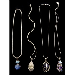  Silver amethyst pendant necklace, pearl, amethyst necklace and two other stone set necklaces, all stamped 925 l  