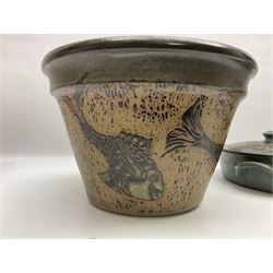 Studio pottery planter, decorated with three swimming fish, and two similar cooking pots, each with covers, planter H17cm