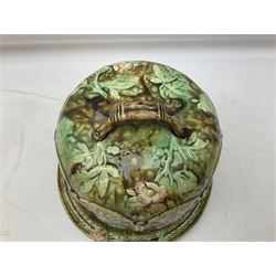 Victorian Majolica cheese dome and dish, decorated with a band of stiff leaf pattern in the Whieldon type pallet, H30cm