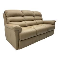 La-Z-boy pair of electric reclining armchairs, and matching three seat sofa, upholstered in beige leather
