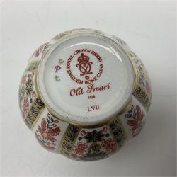 Royal Crown Derby Old Imari pattern miniature vase, coffee can and saucer, teacup and saucer and plate, all with printed mark beneath, vase H8cm 