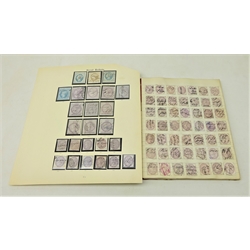  Collection Great British penny reds on pieces of paper with various postmarks and cancels, various Inland Revenue one pennys, fiscal stamps/receipts etc in book and on an album page   